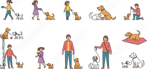 People with Dogs Collection Set Showing Walking Playing Training and Caring Activities Cartoon Pet Owner Lifestyle Vector Illustration for Animal Lovers and Daily Life Design