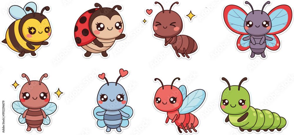 Fototapeta premium Cute Insect Cartoon Characters Collection with Bee Ladybug Butterfly Caterpillar and Ant Kawaii Mascot Set for Kids Design, Nature Illustration, and Playful Stickers