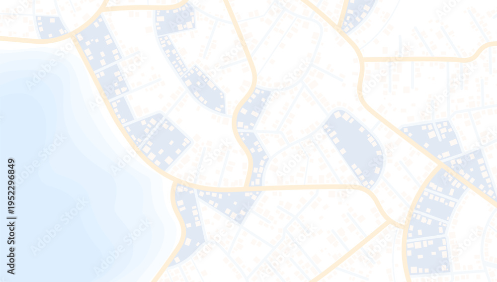 Fototapeta premium Top down view of coastal city map with streets and building zones in pale colors. Vector illustration.