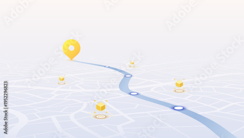 Isometric city map with yellow location pin and delivery tracking points on blue route. Vector illustration.
