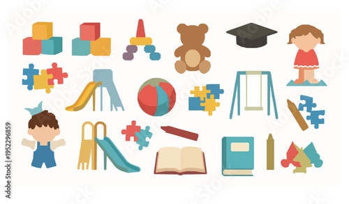 Kids playtime and kindergarten icon collection child development vector set