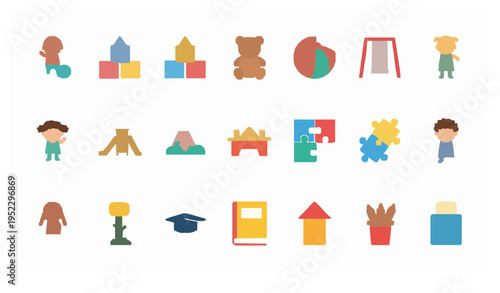 Children playtime icon set kindergarten toys kids development vector illustration