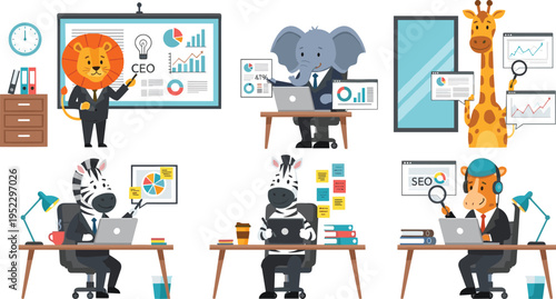 Animal Business Characters Working in Office Vector Illustration Set Featuring Lion CEO, Elephant Manager, Zebra Employees and Giraffe in Corporate Workplace Scenes