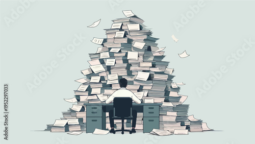 Overworked businessman sitting at desk buried under a huge pile of papers, concept of stress and bureaucracy
