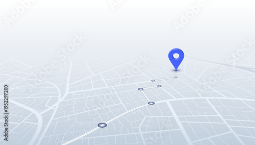 Light blue isometric city map with segmented path leading to large blue location pin. Vector illustration.