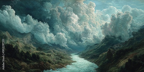 Wallpaper Mural A dramatic landscape featuring a river snaking through mountainous terrain under a turbulent, luminous sky Torontodigital.ca