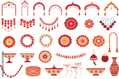 A collection of traditional indian decorative elements featuring floral patterns and archways
