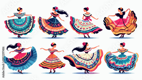 Set of colorful Mexican folklore dancers in traditional festive dresses performing a cultural dance, vector illustration