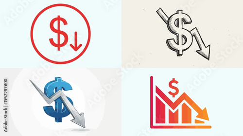 Dollar sign with downward arrows, financial decline graphics, economic loss symbols, market downturn illustrations, depreciation and monetary value reduction visuals.
