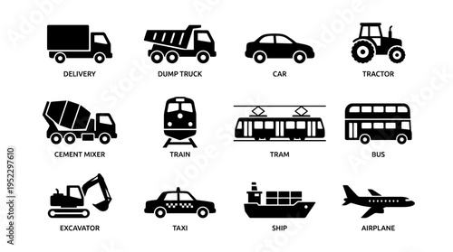 Silhouette vehicle icons grid, transportation design set, delivery, construction, cargo, land and air travel symbols for educational illustration.