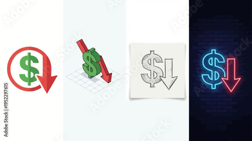 Dollar sign with downward arrow, financial decline graphic, economic loss symbol, market downturn illustration, business depreciation and monetary value drop.