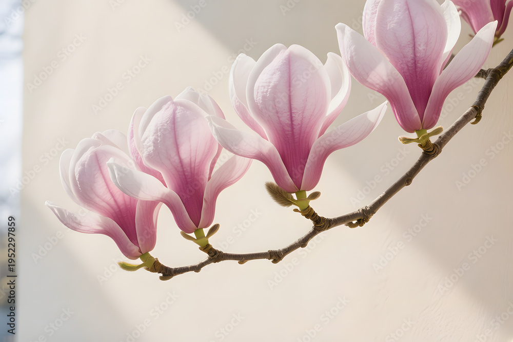 Obraz premium Soft pink magnolia blossoms on branch isolated on light neutral background