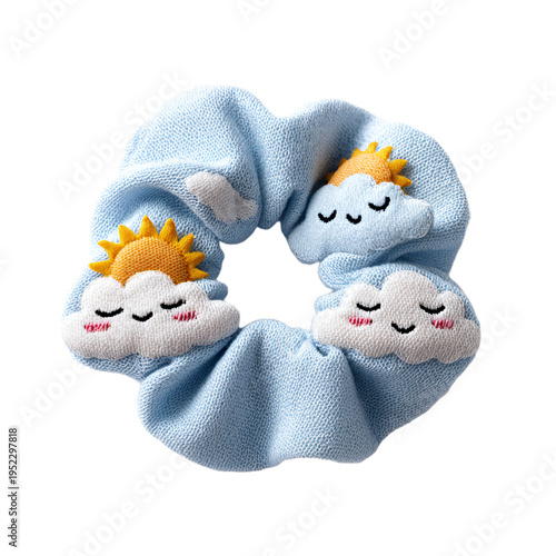 Adorable Pastel Blue Scrunchie Hair Accessory with Cute Cloud and Sun Design