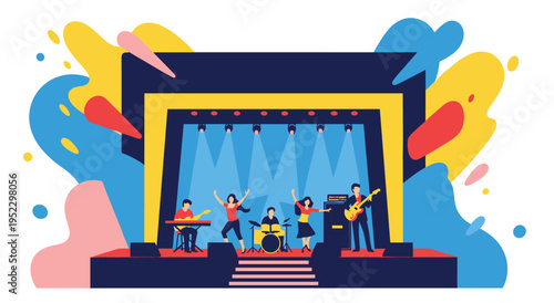 Band performing on stage with bright colorful abstract background elements