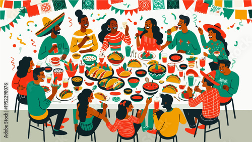 Large group of happy friends enjoying a festive Mexican dinner party with tacos, salsa, and drinks under colorful bunting