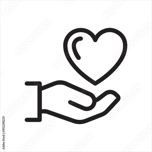 Thin Outline Icon Heart in Hand, Hand Holding a Heart. Such Line Sign as Gesture Charity, Message Love and Care, Caring Hands, Donation or Healthcare. Vector Isolated Pictogram on White Background.