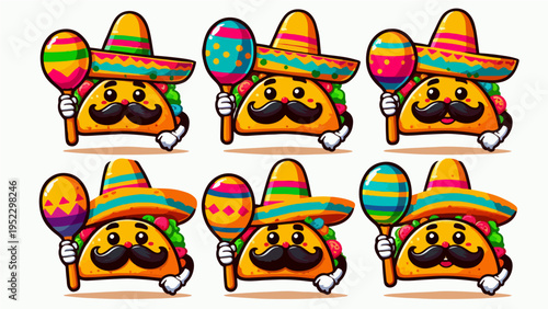 Set of cute cartoon taco characters with moustaches, wearing traditional sombreros and holding colorful maracas