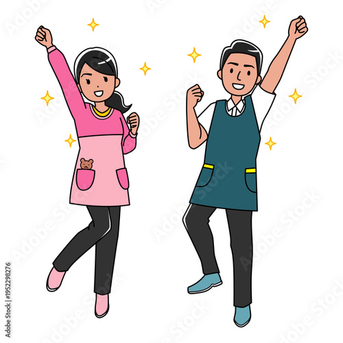エプロン姿の元気な外国人男女のカラーイラスト