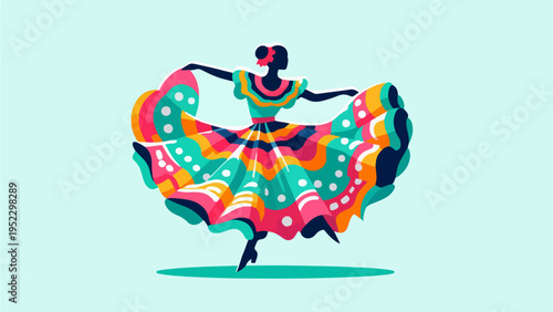 Silhouette of a Mexican folklore dancer in a colorful traditional dress performing a festive dance, vector illustration