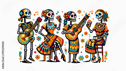 Colorful Mexican Day of the Dead celebration with group of skeleton musicians playing guitars and dancing in traditional festive costumes