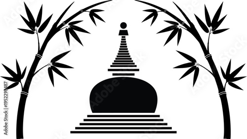 Black and white vector illustration of a traditional Asian pagoda or stupa with layered tiers, framed by two arching bamboo branches with leaves, isolated on a clean white background.