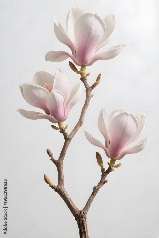 Naklejka premium Soft pink magnolia blossoms on branch isolated on light neutral background