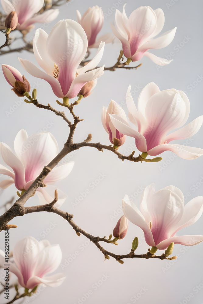 Obraz premium Soft pink magnolia blossoms on branch isolated on light neutral background