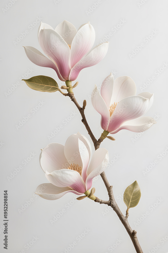 Obraz premium Soft pink magnolia blossoms on branch isolated on light neutral background