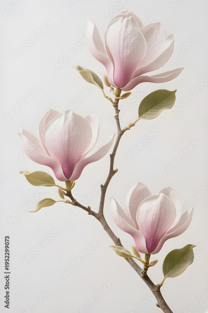 Obraz premium Soft pink magnolia blossoms on branch isolated on light neutral background