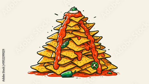 Cartoon illustration of a large mountain of nachos topped with red salsa, jalapeño slices, and cream on a white background