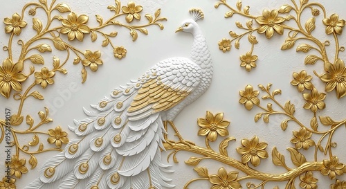 Luxury White Peacock with Golden Floral Embossed Background,White 3D relief sculpture of a peacock with a fan tail perched on a golden cherry blossom branch against a textured cream wall