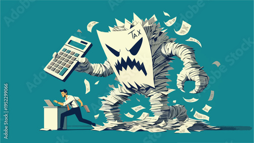 Conceptual cartoon illustration of a stressed businessman running away from a giant tax monster made of paperwork and holding a calculator