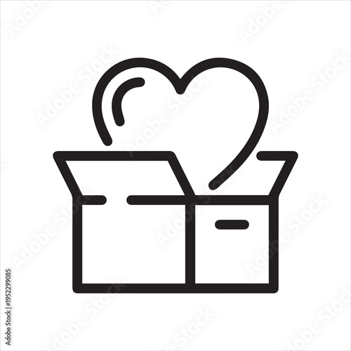Thin outline icon open box with heart symbol inside. such line sign as charity, caring, donation box. Vector isolated pictogram on white background editable stroke.