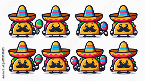 Set of cute cartoon taco characters with mustaches wearing sombreros and playing maracas in various poses on a white background