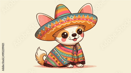 Cute cartoon illustration of a happy chihuahua dog wearing a colorful Mexican sombrero and a traditional poncho
