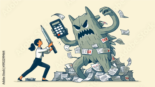 Conceptual cartoon illustration of a brave businesswoman fighting a giant tax monster made of paperwork and calculators with a sword