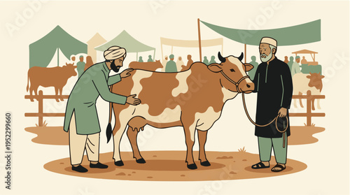 Muslim men inspecting a cow at a traditional livestock market.
