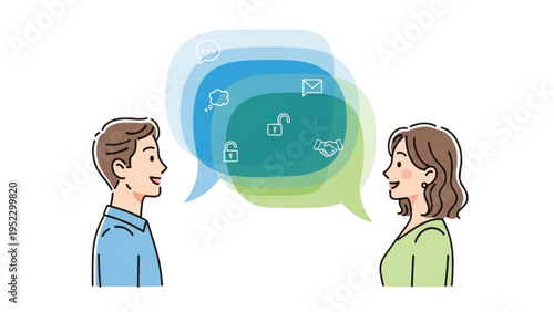 Secure Communication Illustration – Two People Sharing Messages with Privacy, Encryption and Trust Concept
