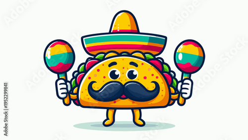 Cute cartoon illustration of a happy taco character with a mustache wearing a sombrero and holding maracas on a white background