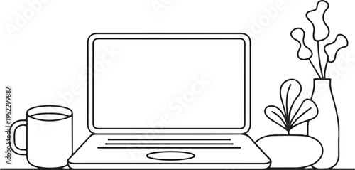 Minimalist home office desk setup with open laptop, coffee mug, and potted plants illustration