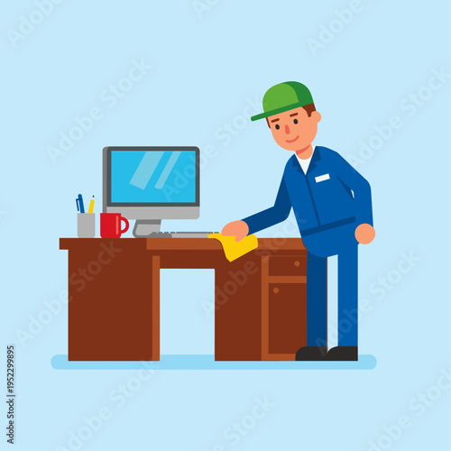 Cleaner wiping office desk
Flat vector illustration of a janitor wiping an office desk with a cloth, computer monitor and stationery on the table, simple shapes, solid color palette, 
