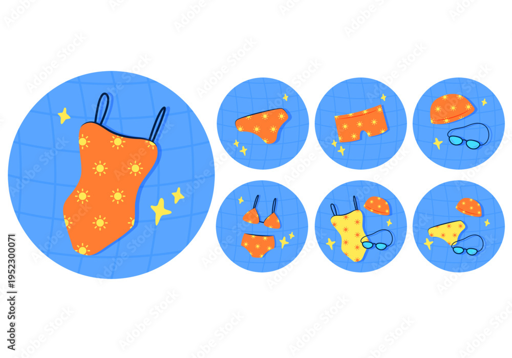 Fototapeta premium Flat vector illustration set of swimwear and basic swimming gear for summer pool activities