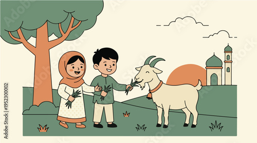 Happy Muslim children feeding a goat for Eid-ul-Adha celebration.