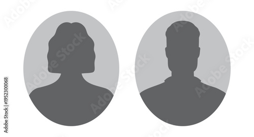 woman and man silhouette avatars or profile gray icon in oval. male and female portraits, anonymous people icons in oval shape