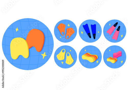 Flat vector illustration set of swimwear and basic swimming gear for summer pool activities