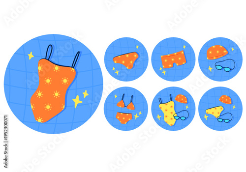 Flat vector illustration set of swimwear and basic swimming gear for summer pool activities