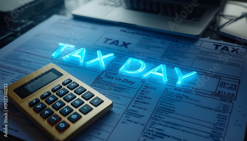 A calculator and tax forms on a desk with a neon sign that reads Tax Day