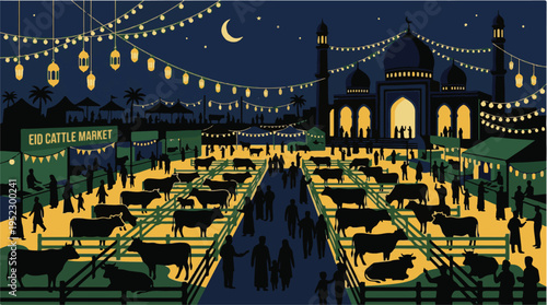 Eid Cattle Market At Night With Mosque And Crowd Illustration