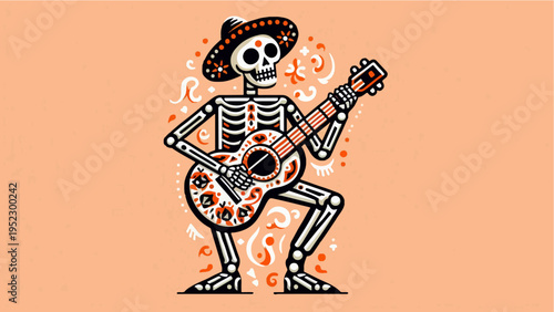 Day of the Dead Skeleton Mariachi Playing Guitar in Sombrero with Sugar Skull Floral Design – Vector Illustration