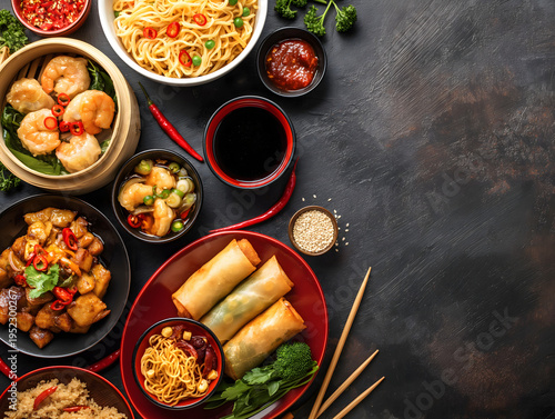 Professional Overhead Restaurant Photography of Authentic Asian Meal Spread with Spring Rolls, Raw Pork, Stew, Vegetables and Side Dishes 
